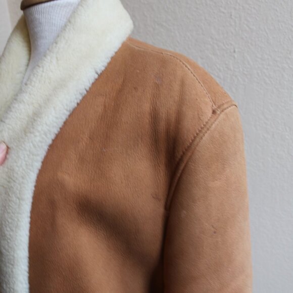 Vintage 80's Tan  Sawyer Napa Ca Women's Shearling Sheepskin Fur Long Coat 16 - Picture 4 of 13